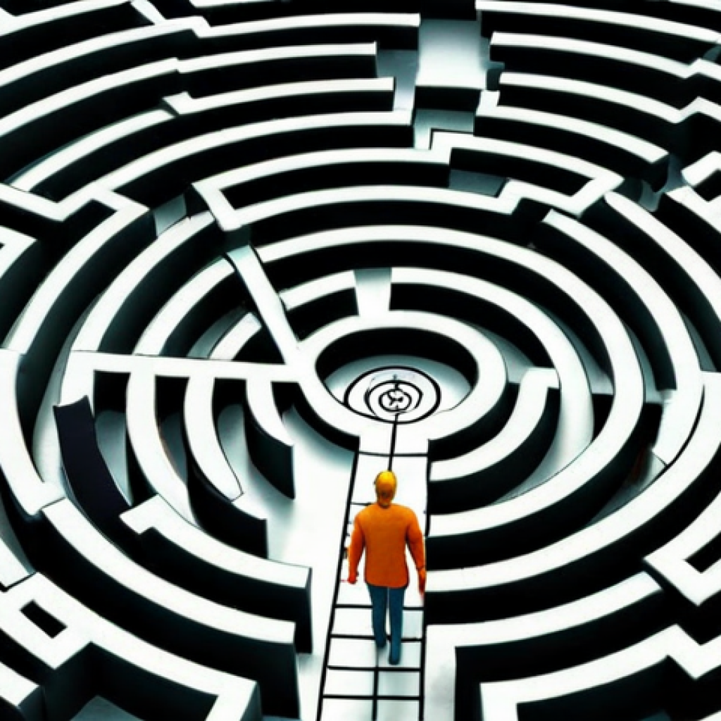 ** A person calmly navigating a maze, symbolizing facing unexpected situations without panicking. Include elements like a compass pointing forward, alternative paths branching out, and a bright, hopeful color palette.

**
