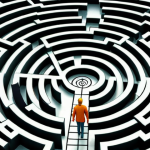 ** A person calmly navigating a maze, symbolizing facing unexpected situations without panicking. Include elements like a compass pointing forward, alternative paths branching out, and a bright, hopeful color palette.

**