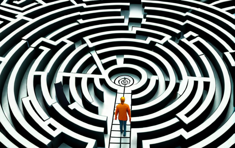 ** A person calmly navigating a maze, symbolizing facing unexpected situations without panicking. Include elements like a compass pointing forward, alternative paths branching out, and a bright, hopeful color palette.
**